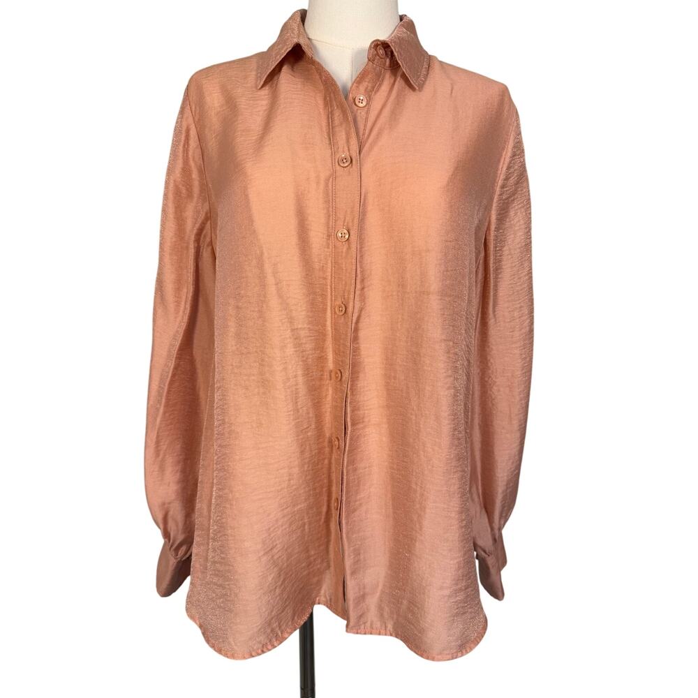 Chico’s 1.5 Button Down Blouse Pink Gold Shimmer Satin Top Size 10